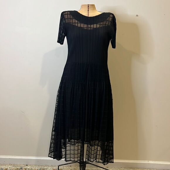 Veeca Black Sheer Crinkle Skirt Dress with Cap Sleeves - Size Small - Picture 3 of 14
